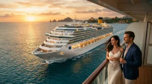 Couple élégant observe navire Costa Fascinosa au coucher soleil tropical