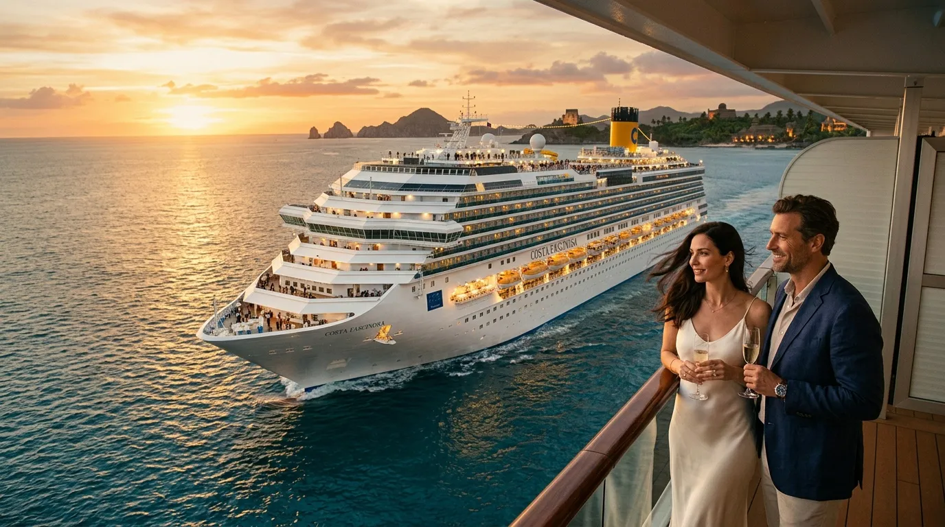 Couple élégant observe navire Costa Fascinosa au coucher soleil tropical