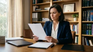 Femme en costume bleu examinant des documents professionnels