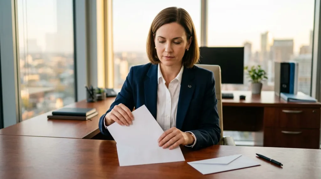 Femme en costume bleu examinant un papier au bureau