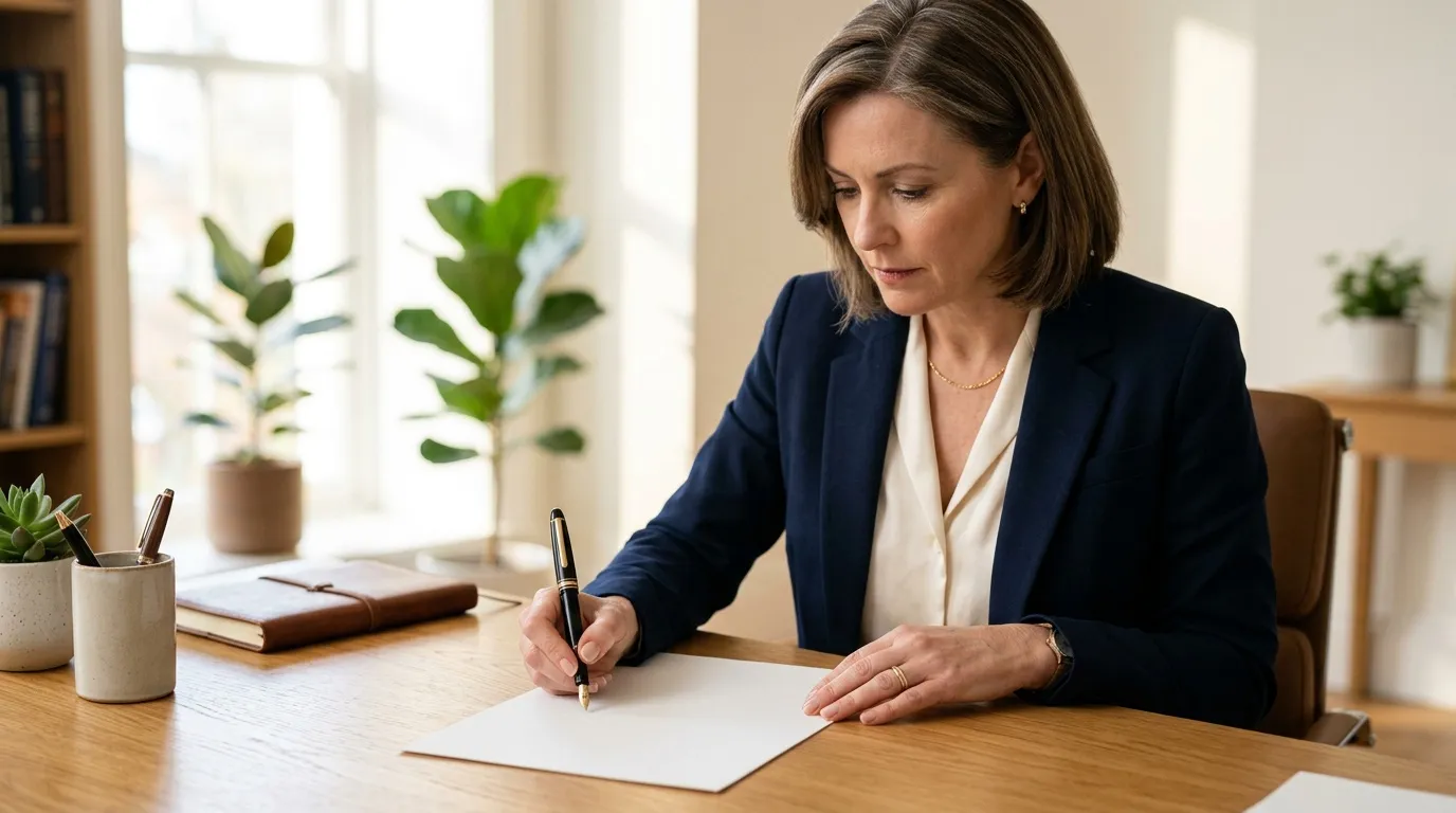 Femme professionnelle écrivant sur un document au bureau