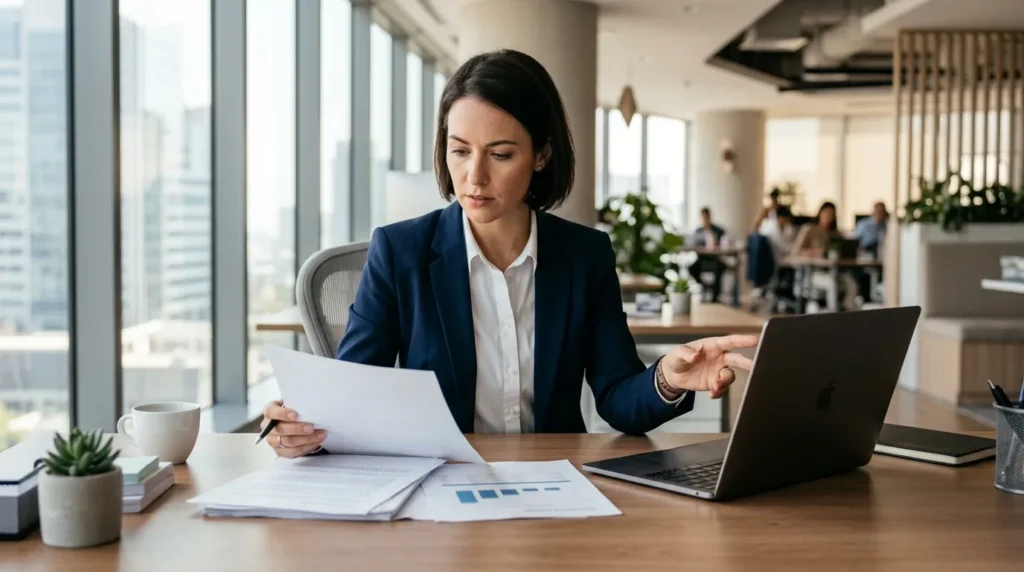 Professionnelle en blazer bleu consultant documents et ordinateur