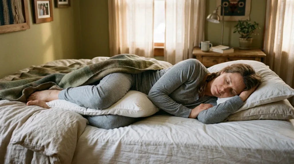 Femme enceinte endormie sur le lit avec oreiller de maternité