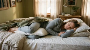 Femme enceinte endormie sur le lit avec oreiller de maternité