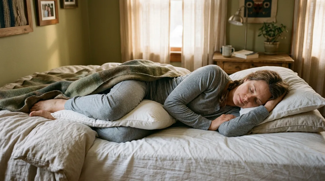 Femme enceinte endormie sur le lit avec oreiller de maternité