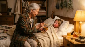 Une grand-mère donne un remède à un enfant malade au lit