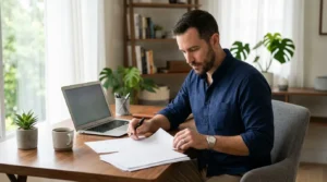 Homme écrivant à un bureau avec laptop et plantes vertes