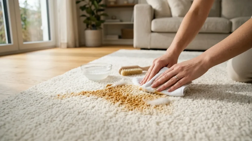 Personne nettoie tache marron sur tapis beige blanc