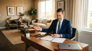 Homme en costume bleu travaillant à son bureau avec laptop