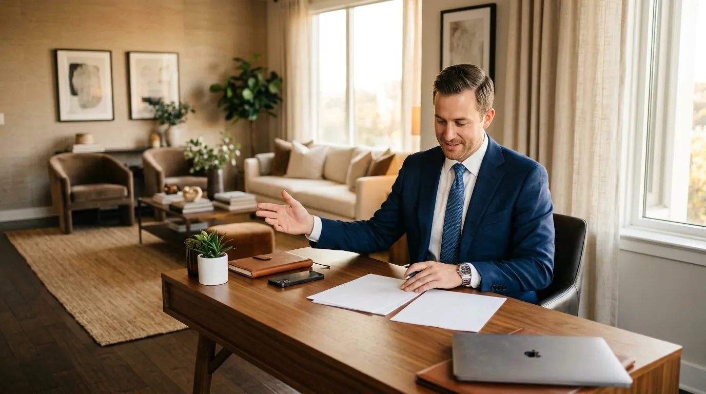 Homme en costume bleu travaillant à son bureau avec laptop
