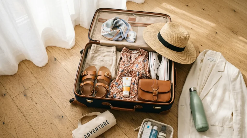 Valise ouverte contenant vêtements, accessoires et articles de toilette
