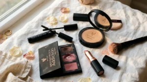 Produits cosmétiques maquillage disposés sur tissu blanc