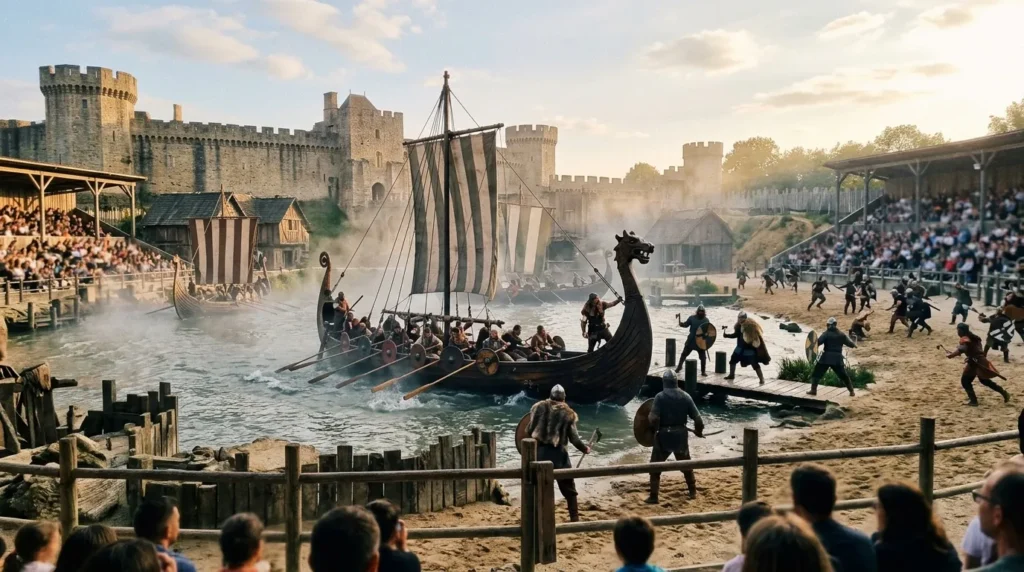 Reconstitution historique Viking avec navire, château et foule spectateurs.
