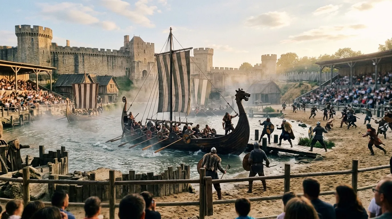 Reconstitution historique Viking avec navire, château et foule spectateurs.